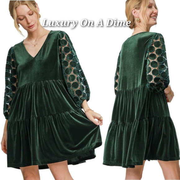 Umgee Lace Velvet Sheer Polka-dot Boho Babydoll Ruffle Long Sleeve Mini Dress - Picture 6 of 14